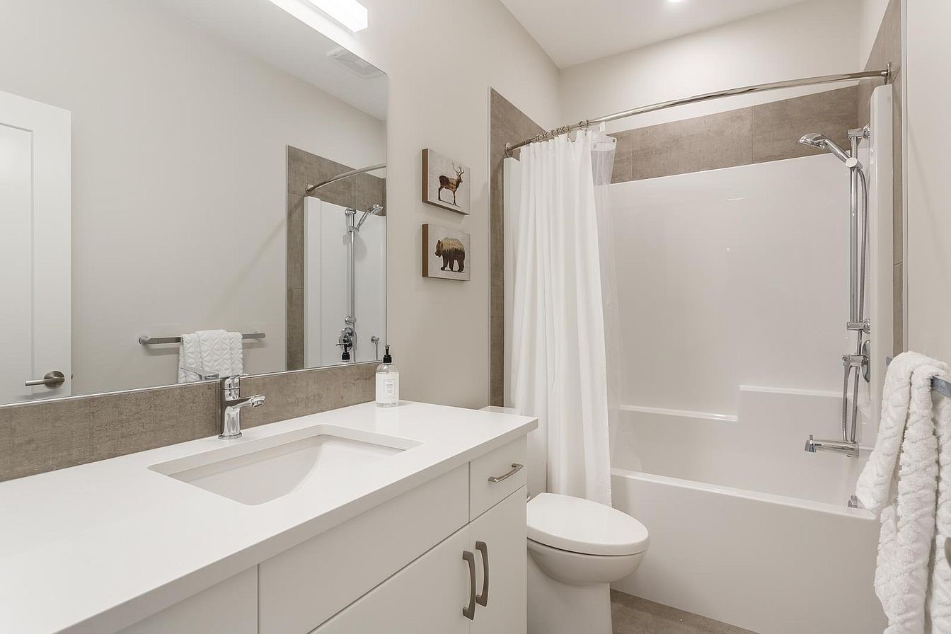Lower-level bathroom with tub and shower