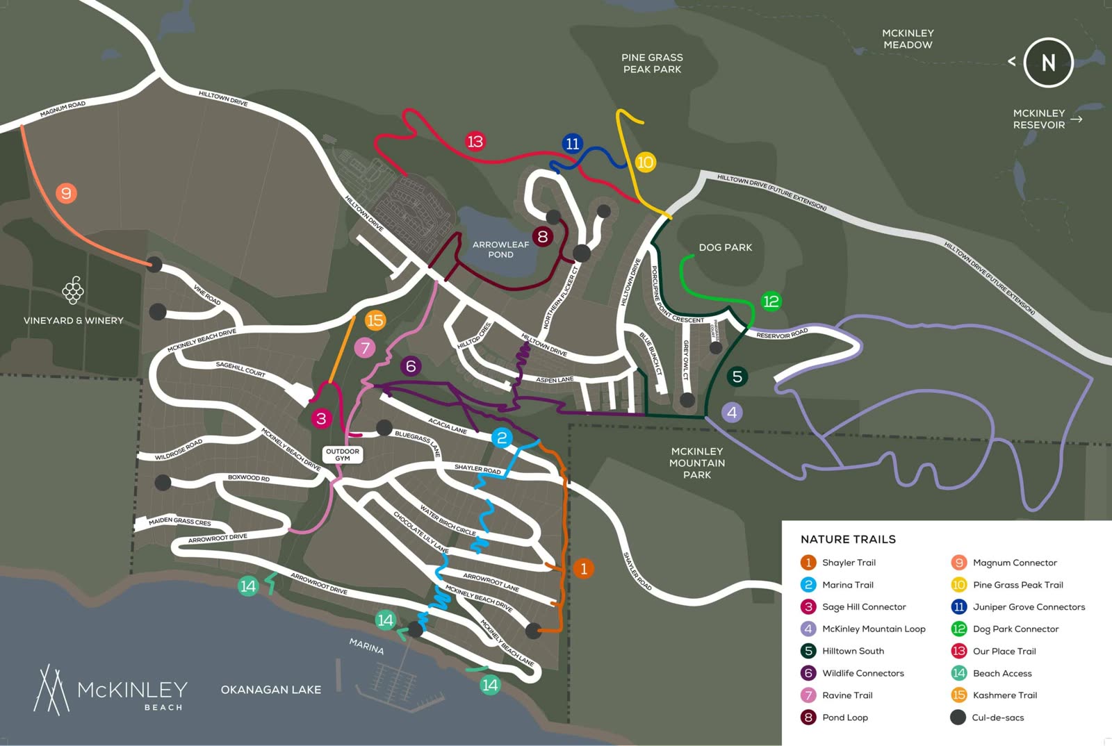 McKinley Beach nature trails map with 15 marked trails, the marina, Arrowleaf Pond and McKinley Mountain Park